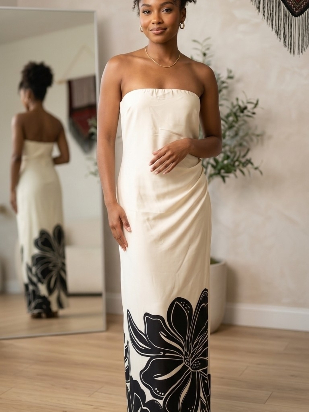 Strapless Cream Maxi Dress with Black Floral Print.